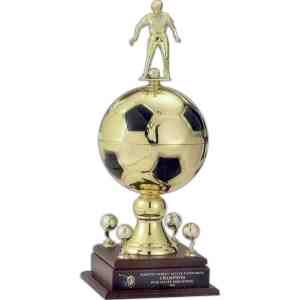 Full size all metal sport ball trophy on walnut finish base