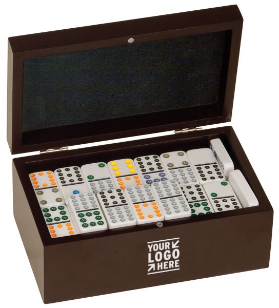 Gorgeous Rosewood finish gift presentation box with Poker set. Personalized! With your Logo, monogram, etc Great for corporate, executive gifts, incentives, promotions,etc.. Magnetic closure, silver, hinges & inside lid of box has velvet lining-bottom side of box has velvet also. 91 dominoes-double twelves set-white with colored numbers. Overall size 7 7/8 wide, 3 1/8 tall, 4 3/4" deep. Packaging: set is wrapped in bubble wrap and in a white cardboard box.