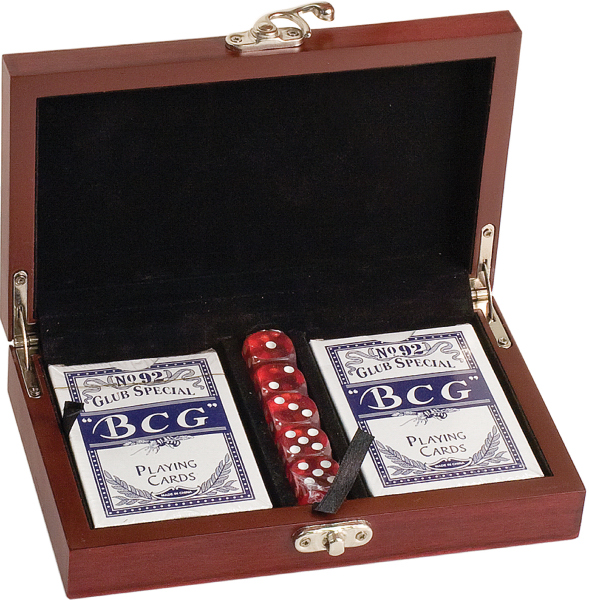 Gorgeous Rosewood finish gift presentation box of Card & Dice set. Personalized! With your Logo or message included on a gold plate-front & center! 6 1/2 x 18 3/4" Includes 2 desk of cards and 5 dice. Great for corporate and executive gifts, incentives and promotions, and restaurants. Box in lined with black felt, has gold hardware & comes individually boxed. Perfect promotional product!
