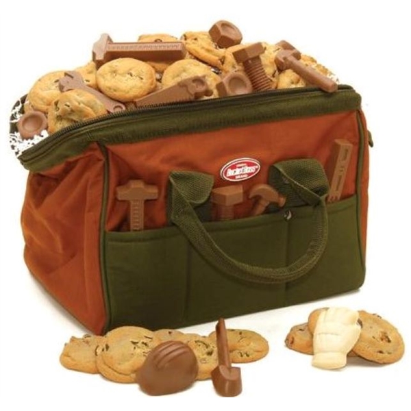 Tool bag filled with gourmet cookies and industry themed chocolate tools