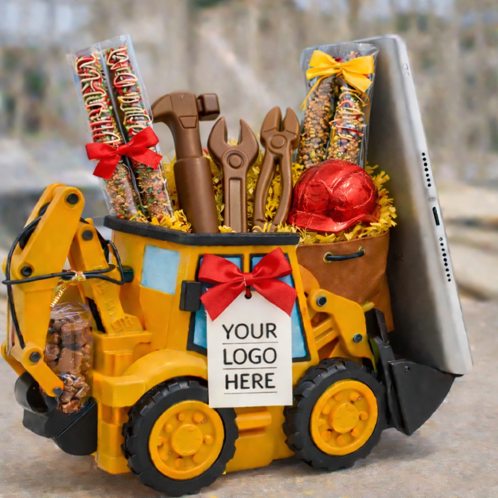 excavator phone and pencil holder filled with chocolate tools and chocolate dipped pretzel rods Unique Contractor Trades Themed Business Gifts Sure To Make An Impression