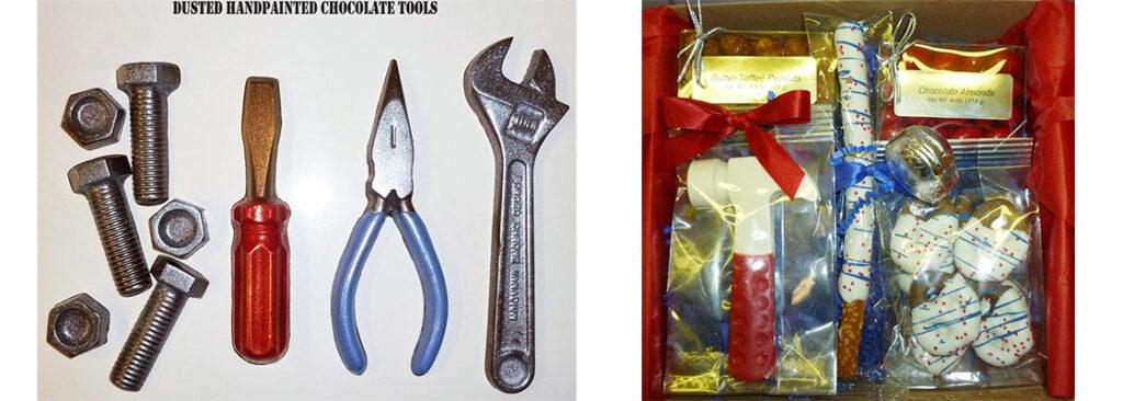 delicious chocolate tools made with love inside a gourmet construction themed custom gift. 